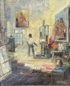 20th CENTURY FRENCH MODERNIST SIGNED OIL - ARTIST AT WORK IN STUDIO ATELIER