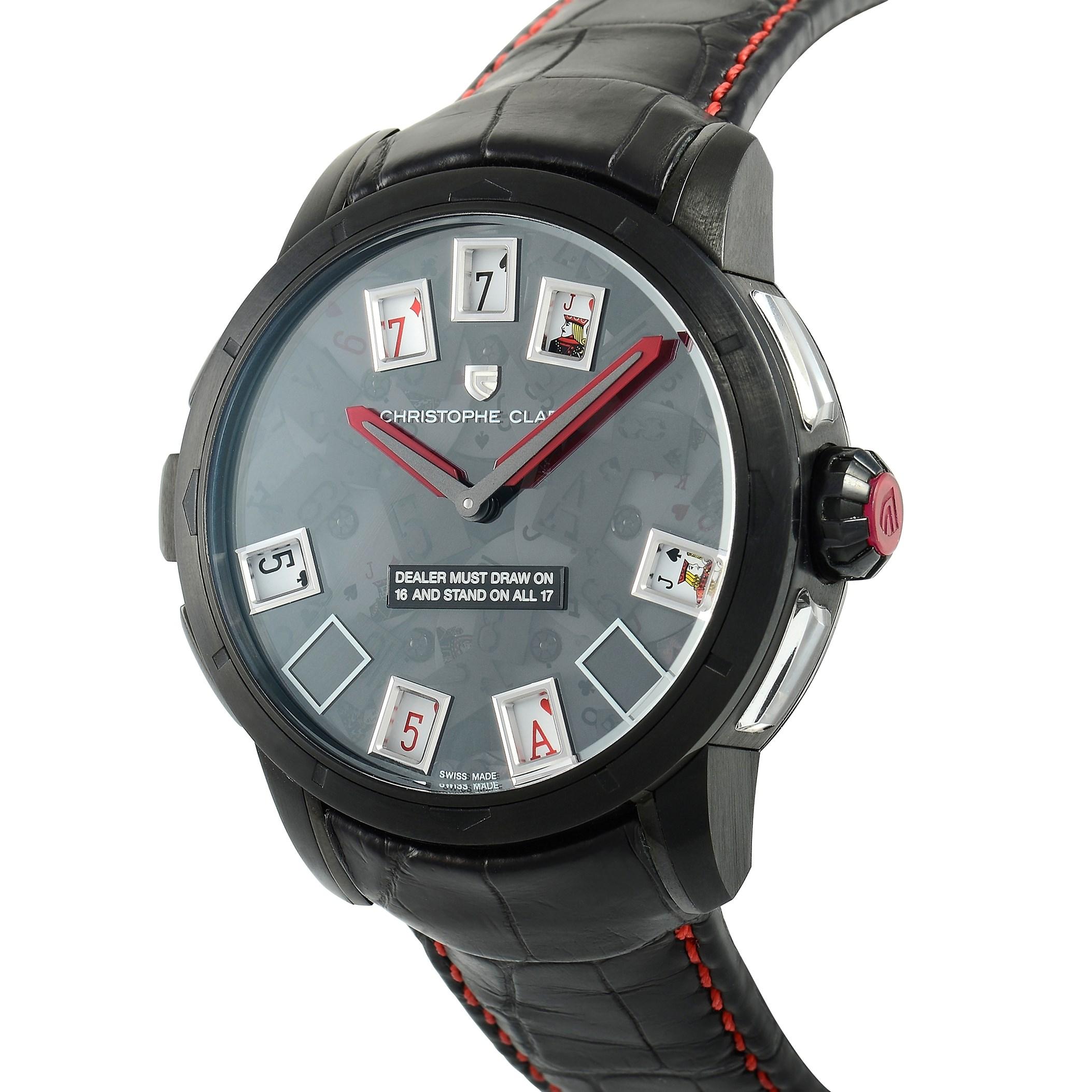 This Christophe Claret 21 Blackjack Watch, reference number MTR.BLJ08.004, is a limited-edition timepiece that includes a black PVD titanium and 18K White Gold case that measures 45 mm in diameter. The case features a fully transparent case back and