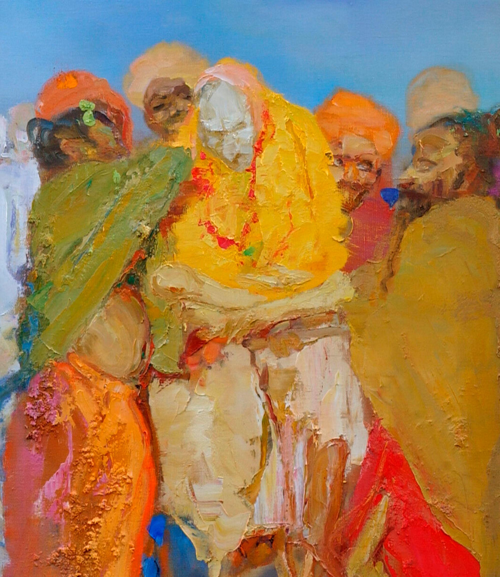 Antepasado de la India by Christophe Dupety - Pintura contemporánea, escena callejera en venta 4