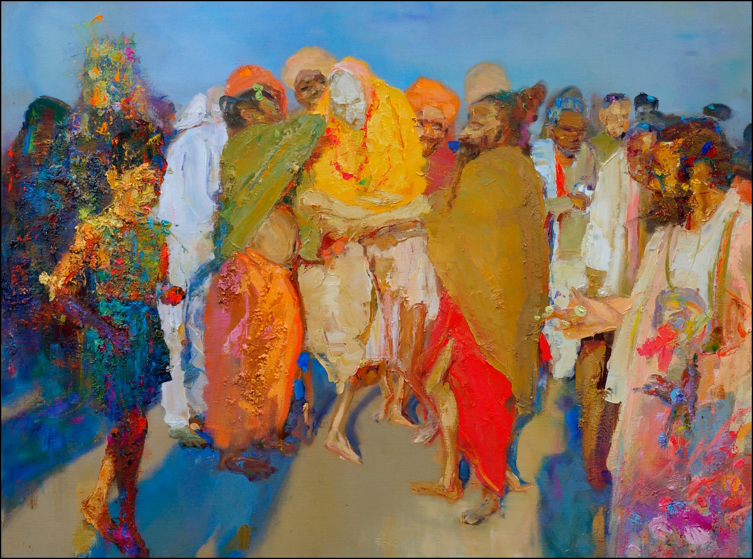 Aïeul d'Inde (2000) des französischen zeitgenössischen Künstlers Christophe Dupety. Öl auf Leinwand, H 38,2 x B 51,2 in (97 x 130 cm). Einzigartiges Werk, das ungerahmt mit einem Echtheitszertifikat verkauft wird.
Das Bestreben des Künstlers ist es,