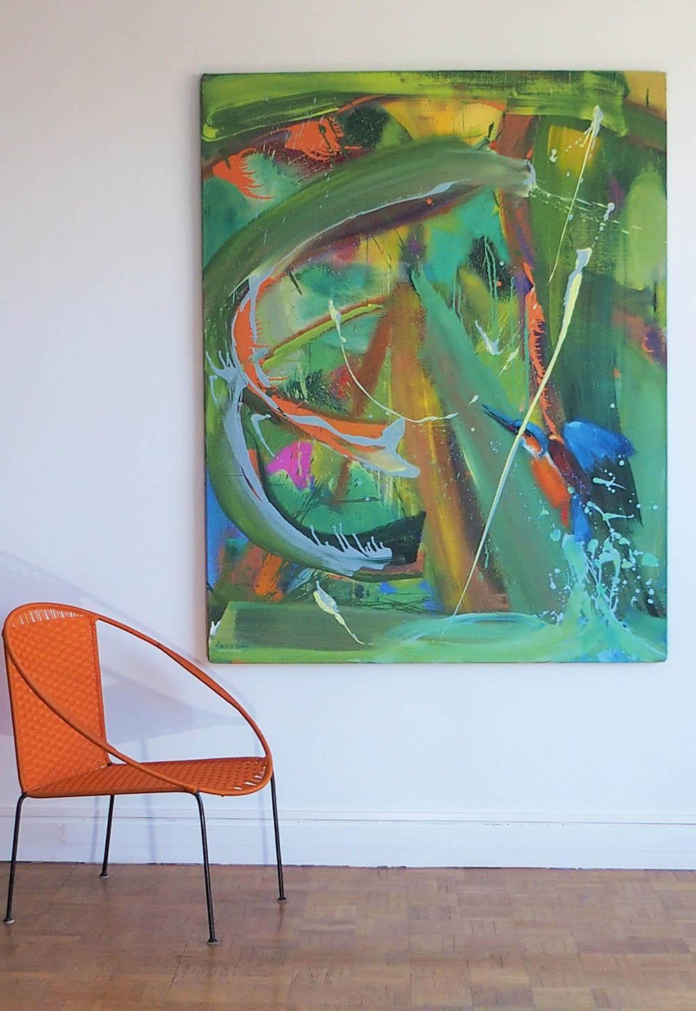 Alcedo Atthis par Christophe Dupety - Peinture contemporaine, couleurs vives, oiseau en vente 1