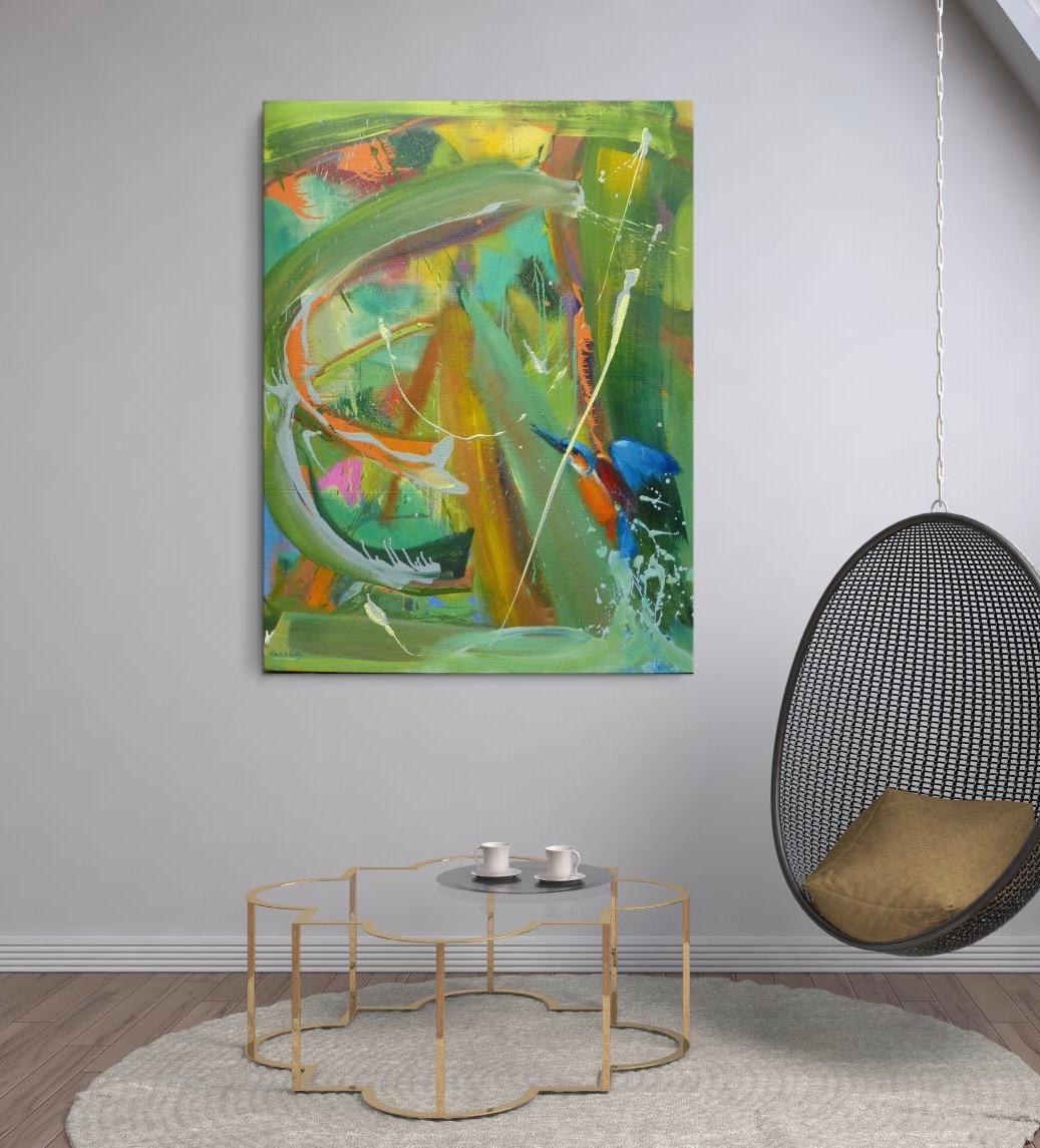 Alcedo Atthis by Christophe Dupety - Contemporary painting, bright colors, bird For Sale 3