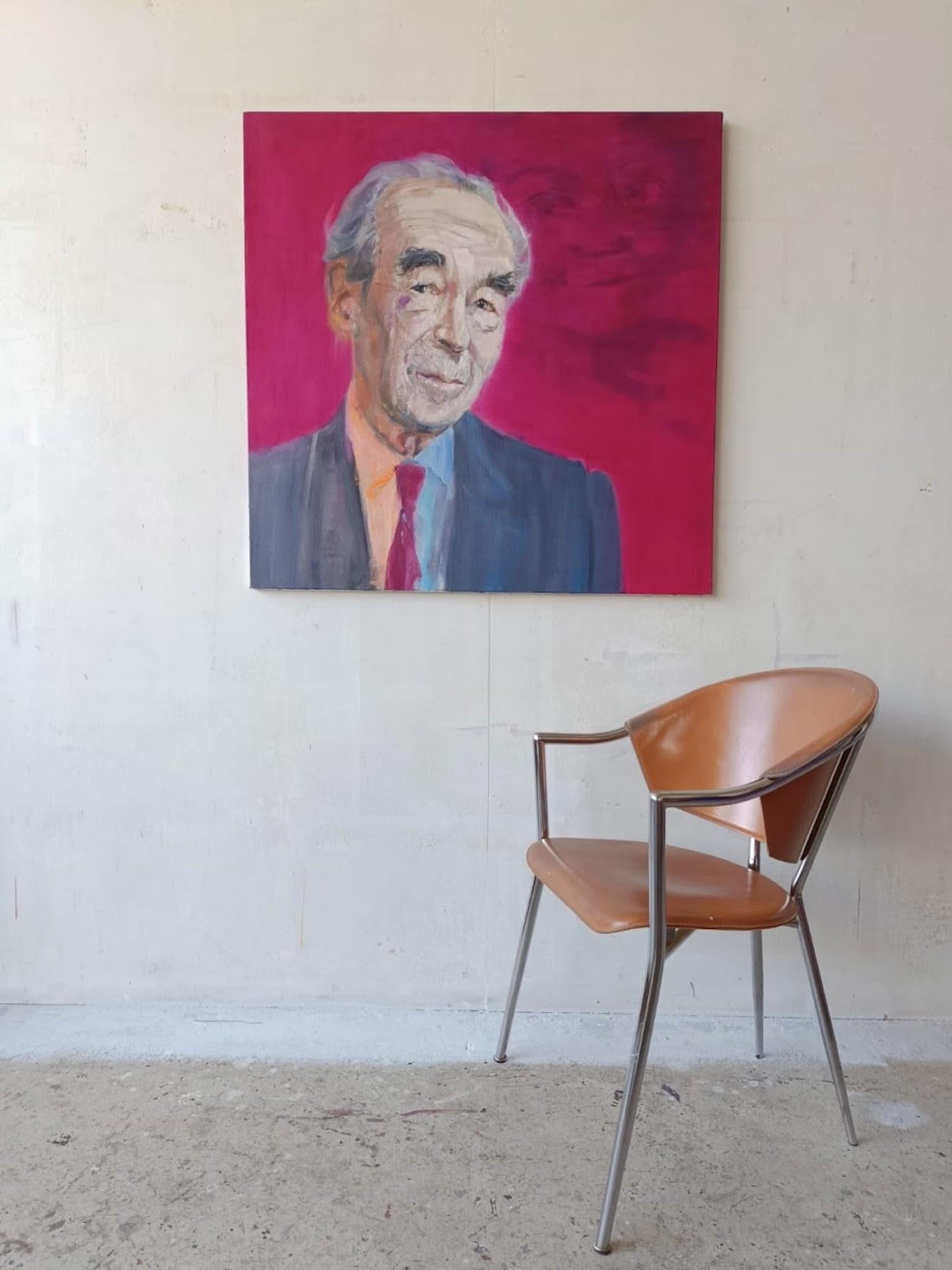 Badinter by Christophe Dupety - Portrait painting, politician, vivid background For Sale 1