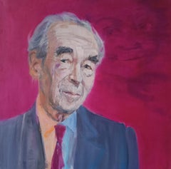 Badinter par Christophe Dupety - Peinture de portrait, homme politique, fond Vivid