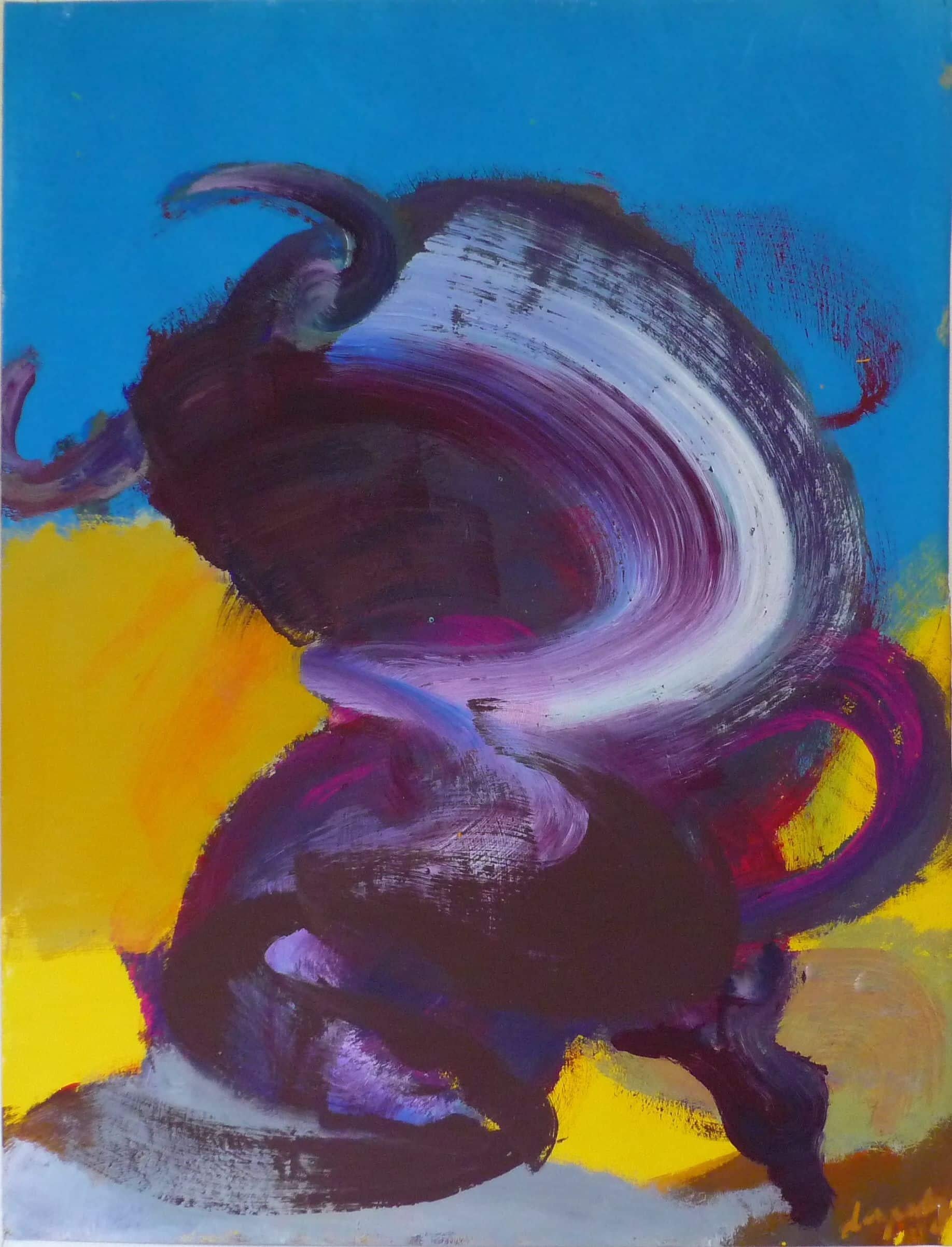 Bull III di Christophe Dupety - Pittura animale, astratta, viola, colori vivaci