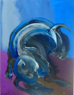 Bull VIII par Christophe Dupety - Peinture animalière, abstraite, bleue, couleurs vives
