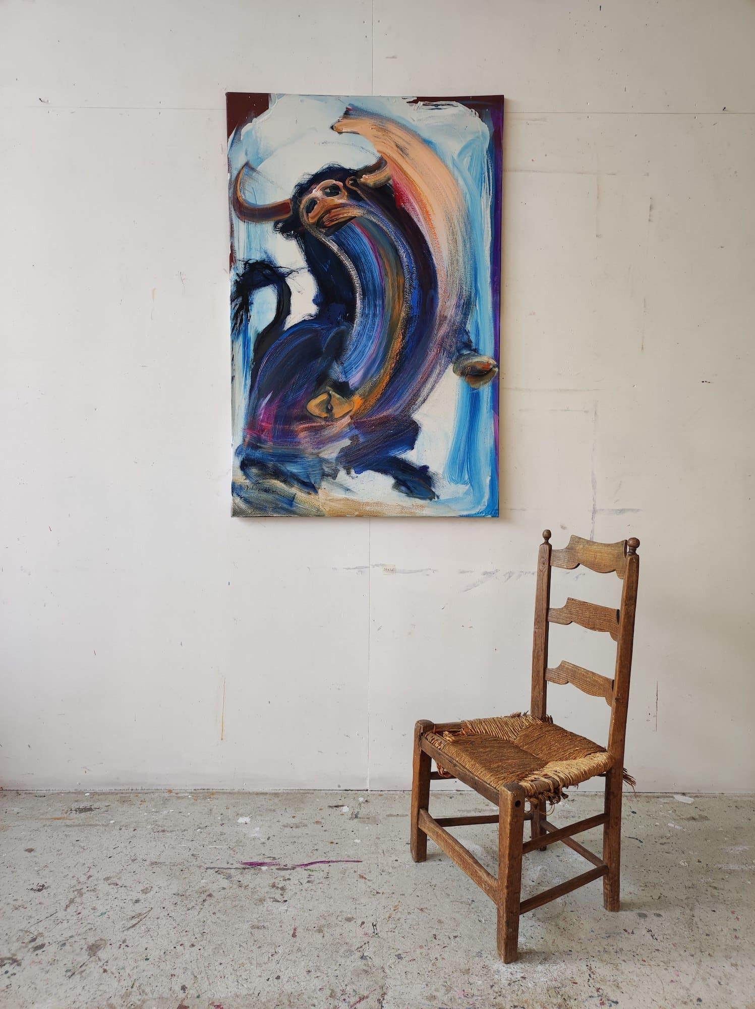 Cogida von Christophe Dupety – Tier, farbenfrohes Gemälde, Expressionismus, Stier im Angebot 1