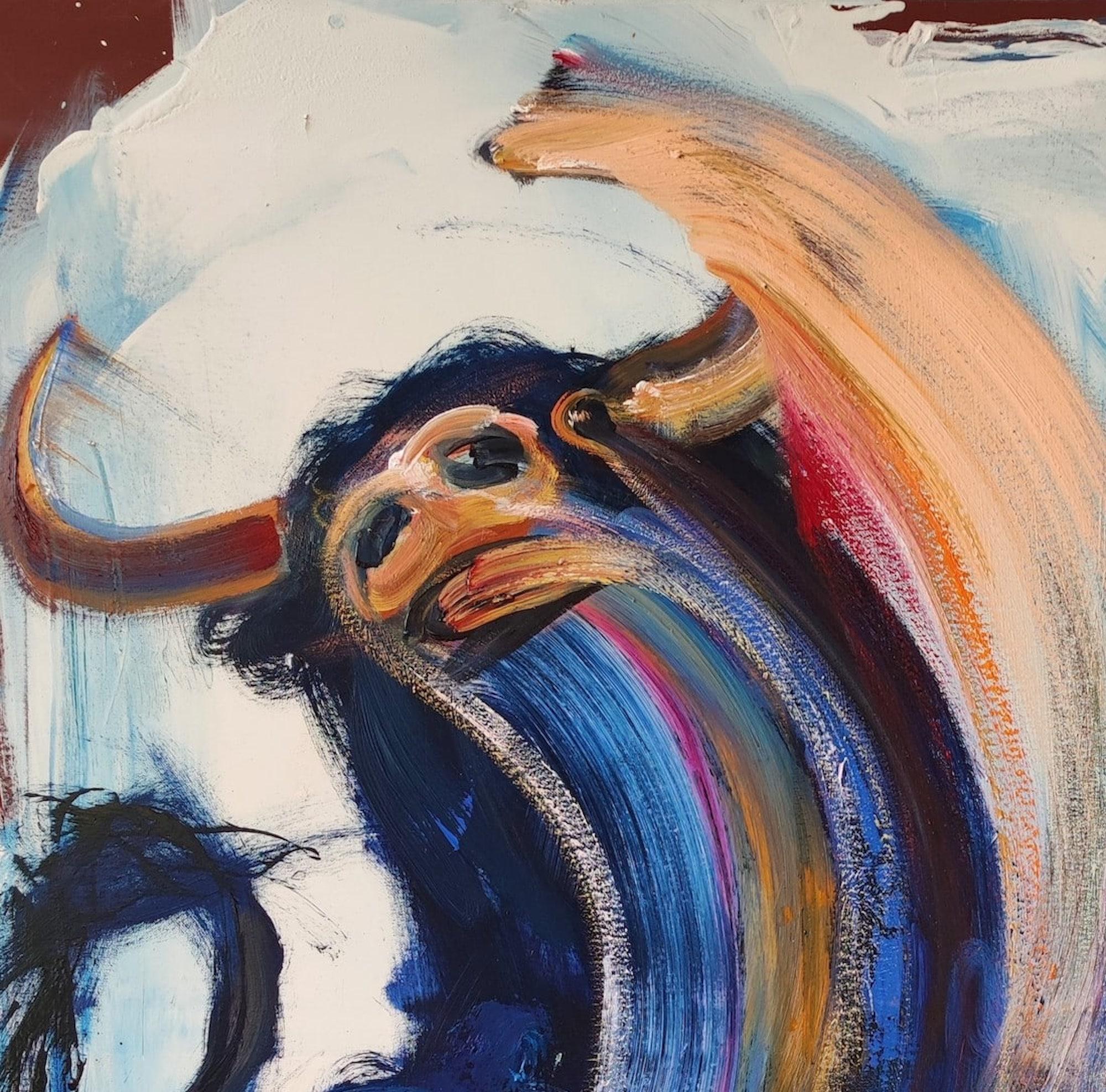 Cogida von Christophe Dupety – Tier, farbenfrohes Gemälde, Expressionismus, Stier im Angebot 4