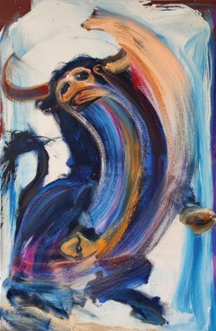 Cogida par Christophe Dupety, animal, peinture colorée, expressionnisme, taureau