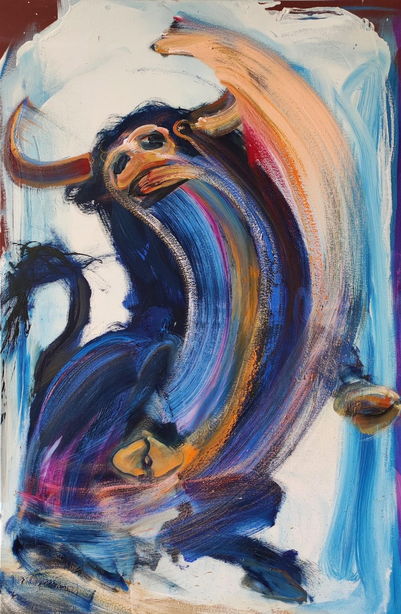 Cogida (2023) by French contemporary artist Christophe Dupety. Oil on canvas, H 115 x W 75 cm // 45.2 in x 29.5 in.
Christophe Dupety focuses on the portrayal of the animal, which takes centre stage of his composition. It is the animal's brute force