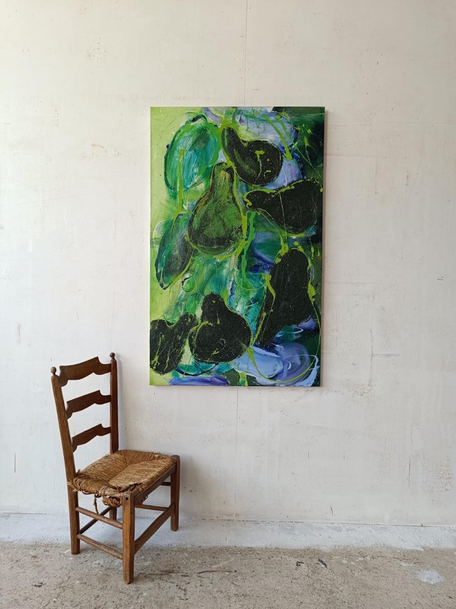 Conference Pears by Christophe Dupety - Colourful painting, fruits, green tones For Sale 1