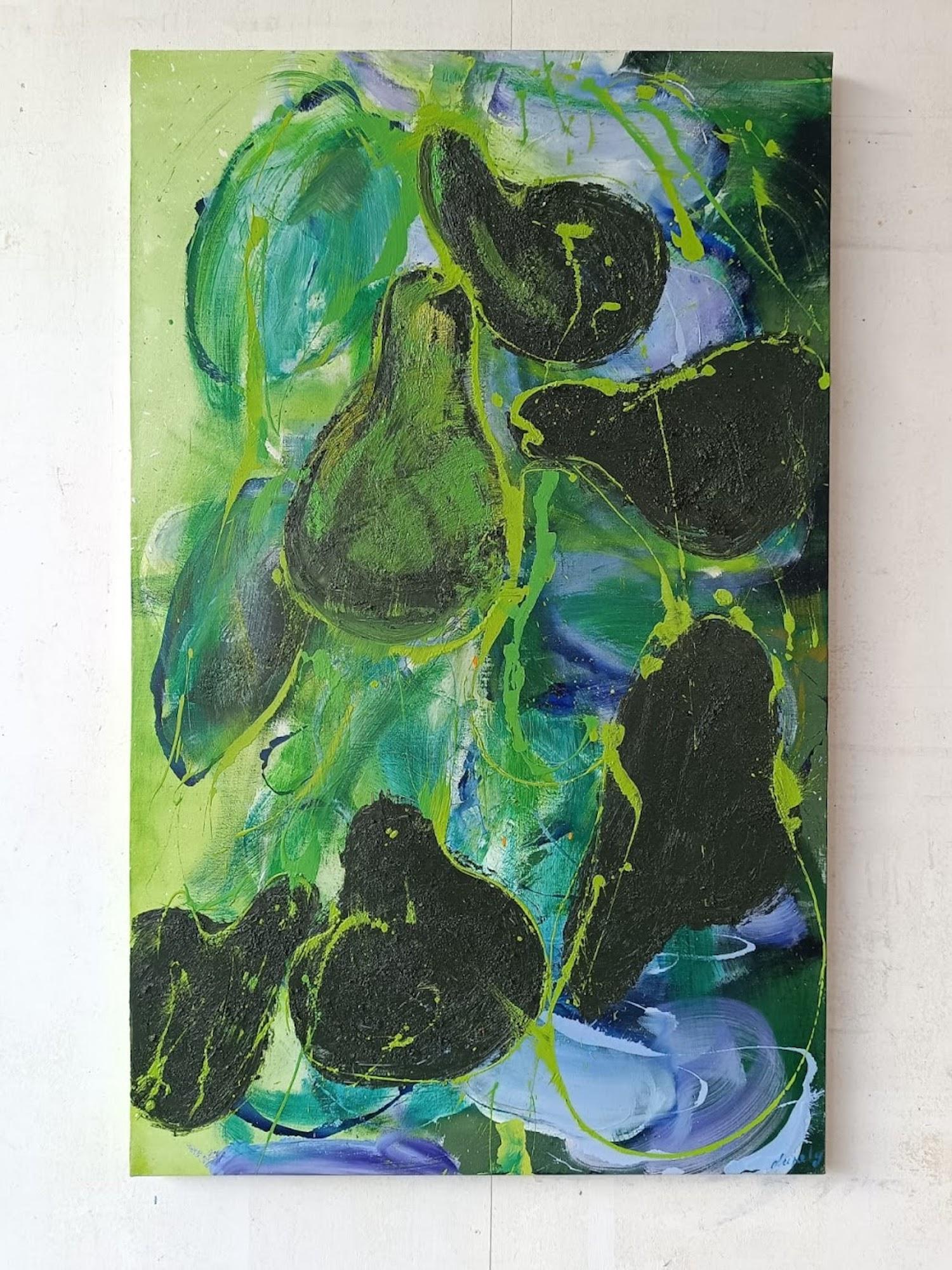 Conference Pears by Christophe Dupety - Colourful painting, fruits, green tones For Sale 2