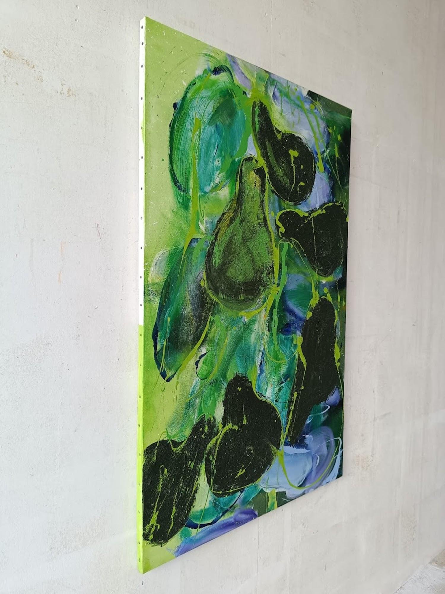 Conference Pears by Christophe Dupety - Colourful painting, fruits, green tones For Sale 3