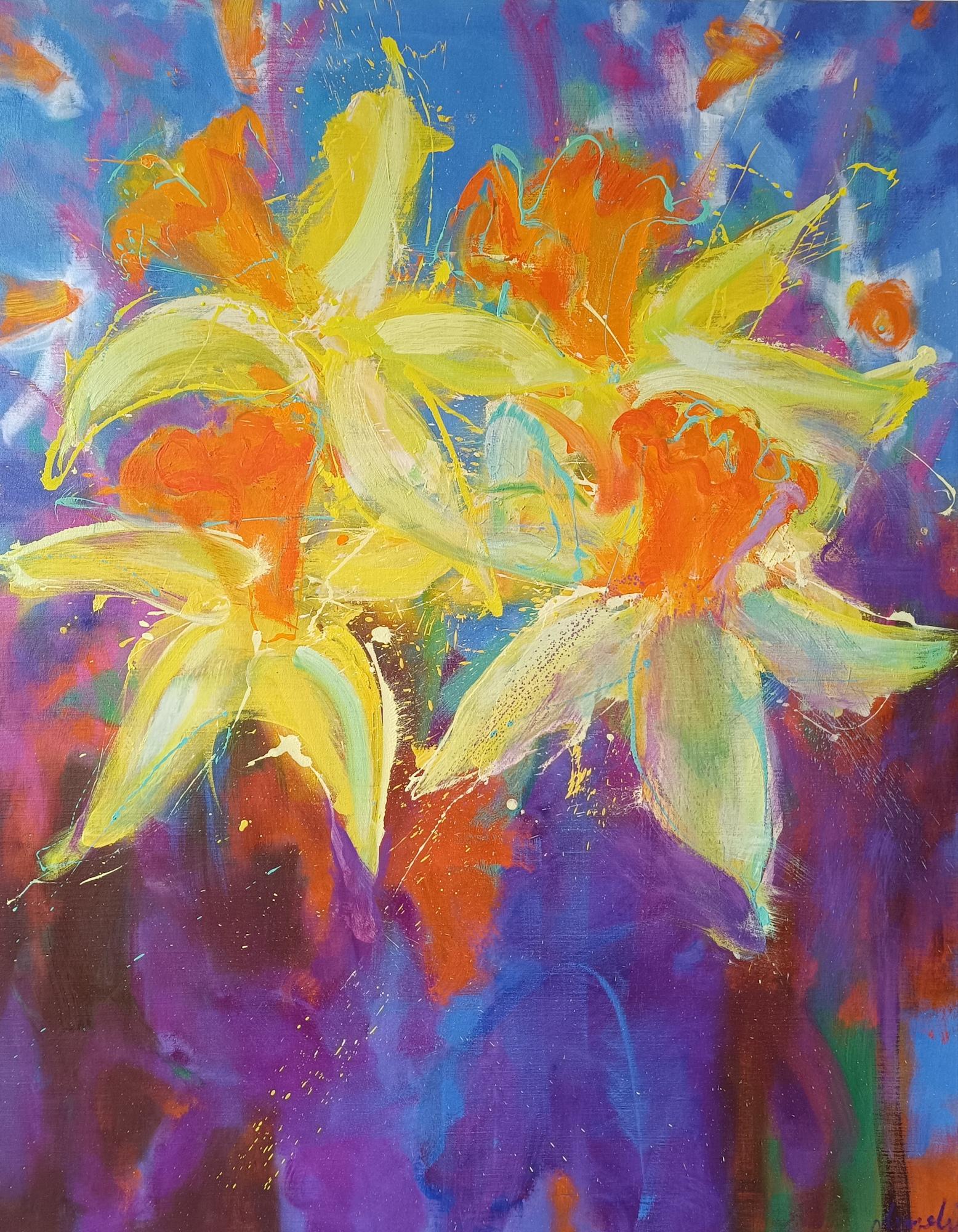 Daffodils by Christophe Dupety - Floral painting, yellow, figurative, colorful For Sale 3