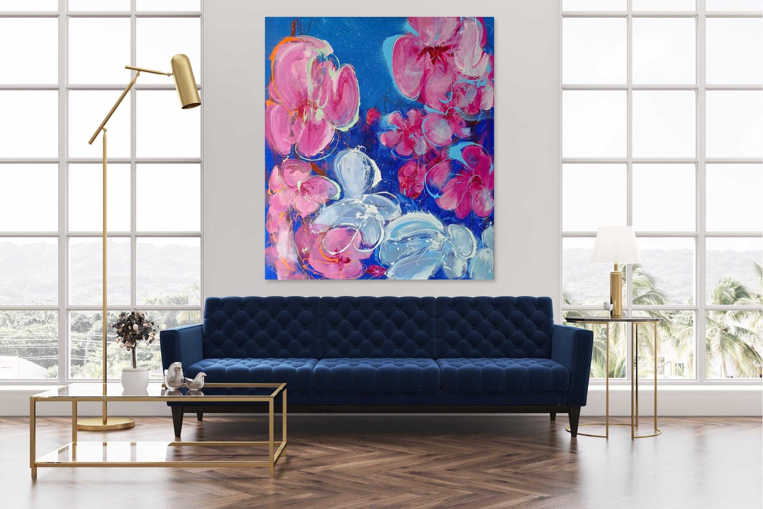 Árbol frutal de Christophe Dupety - Cuadro floral, azul, rosa, figurativo, grande en venta 4