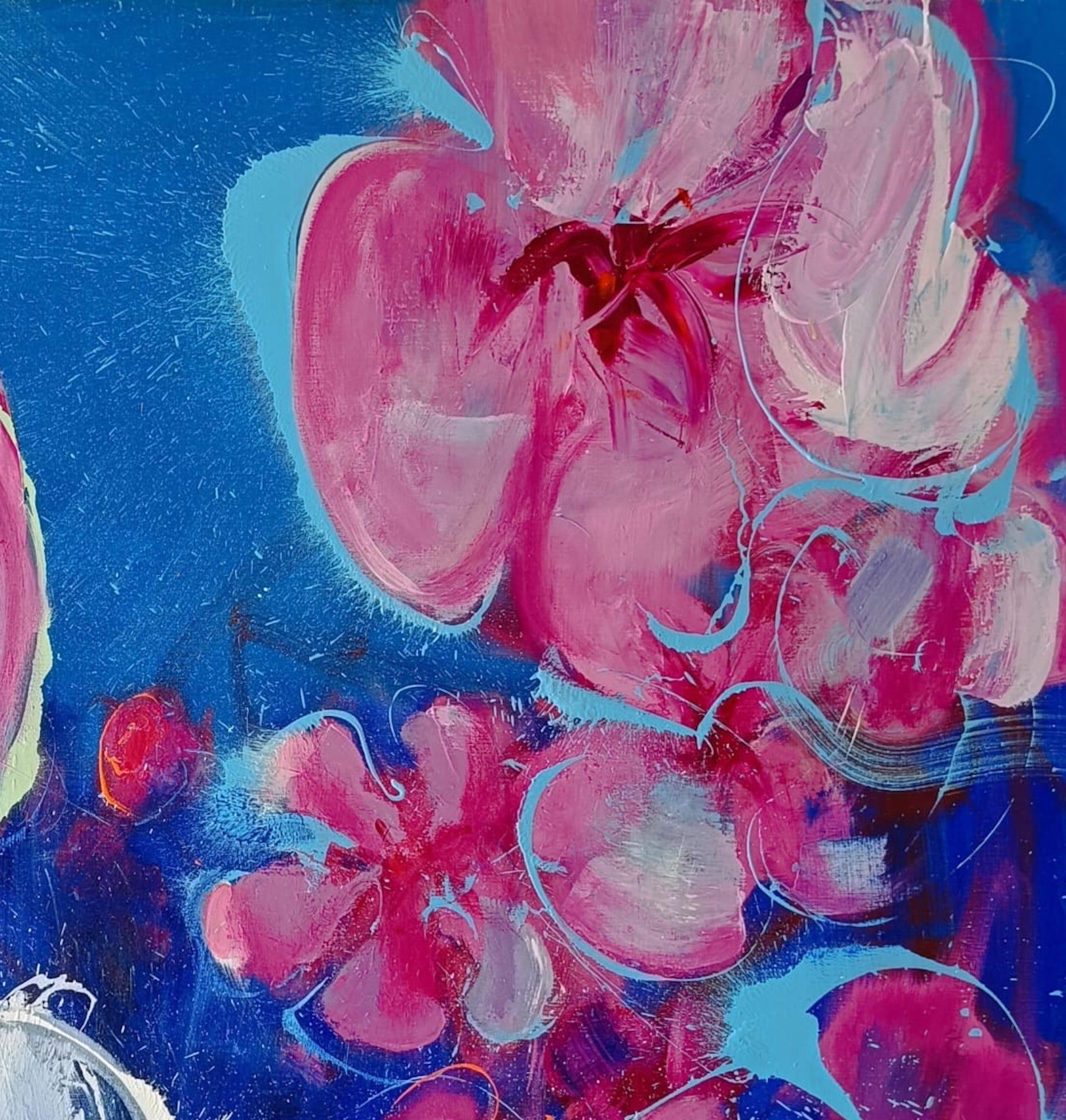 Árbol frutal de Christophe Dupety - Cuadro floral, azul, rosa, figurativo, grande en venta 5