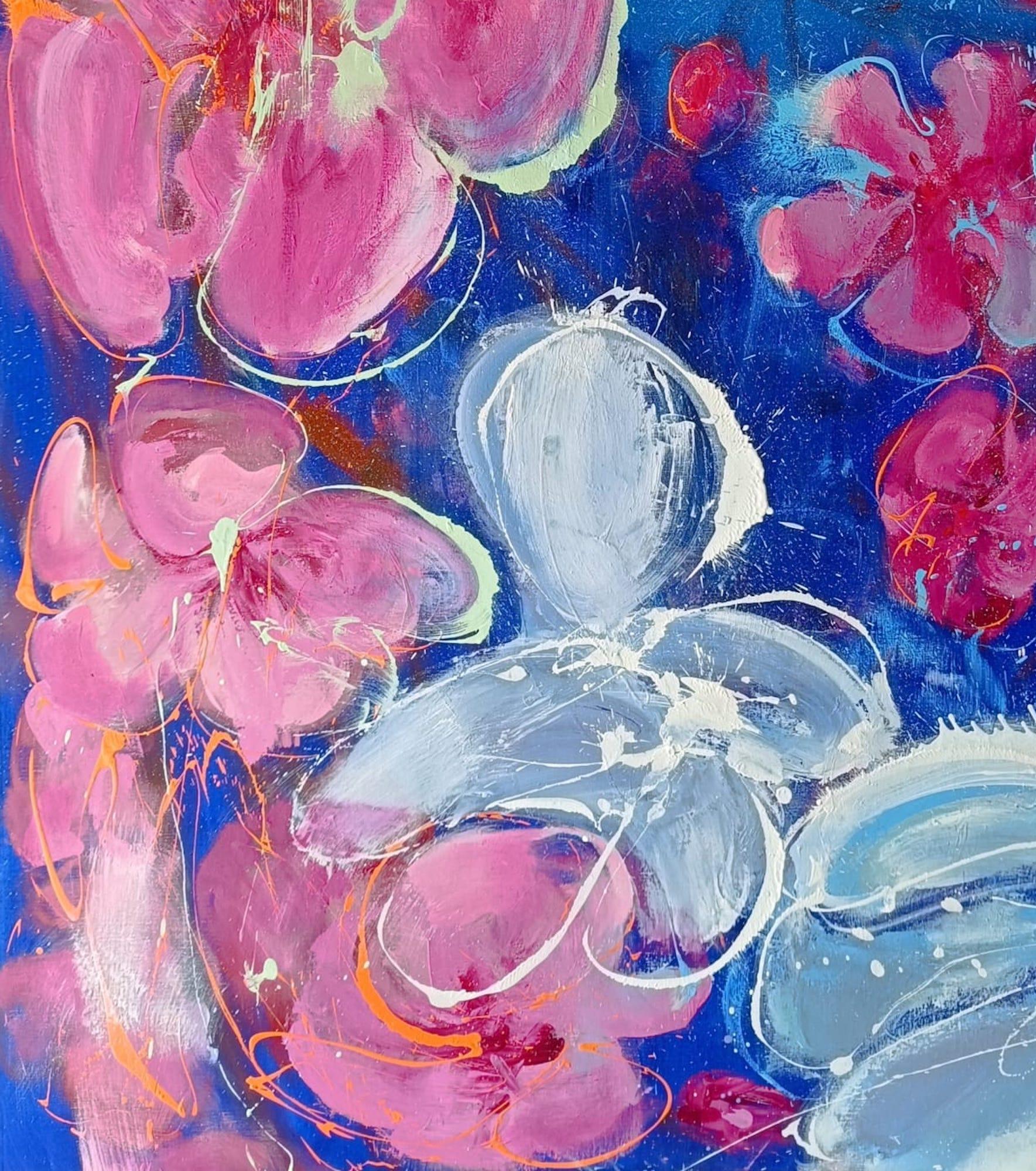 Árbol frutal de Christophe Dupety - Cuadro floral, azul, rosa, figurativo, grande en venta 7