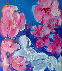 Fruit Tree by Christophe Dupety - Floral painting, blue, pink, figurative, large