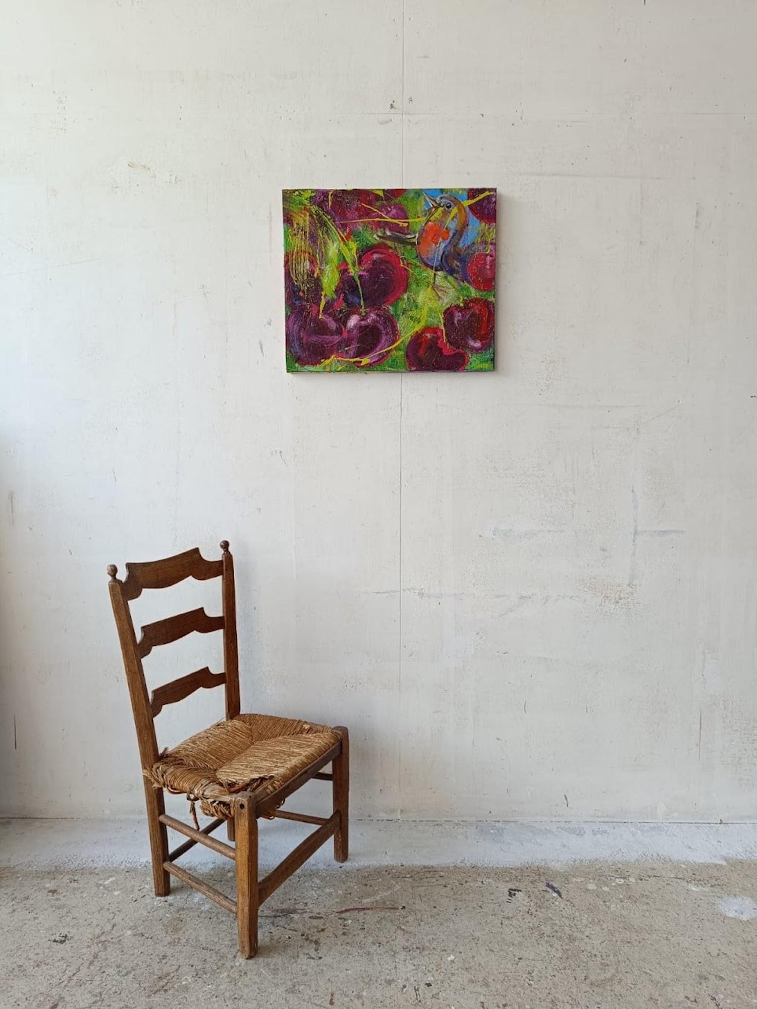Dans les cerises par Christophe Dupety - Peinture colorée, baies, oiseau, vif en vente 1