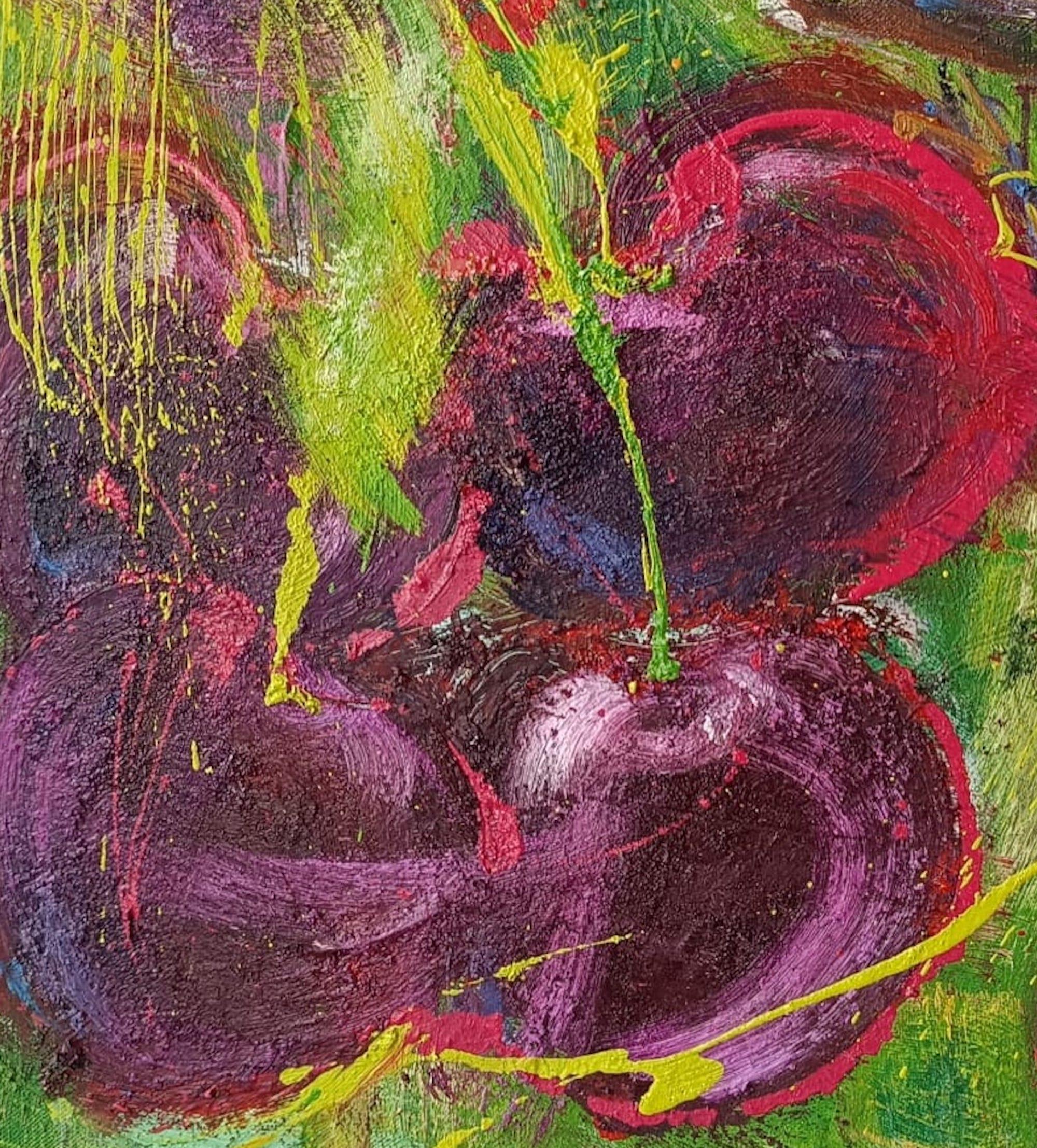 Dans les cerises par Christophe Dupety - Peinture colorée, baies, oiseau, vif en vente 3