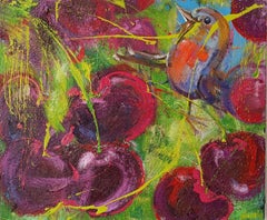 Dans les cerises par Christophe Dupety - Peinture colorée, baies, oiseau, vif