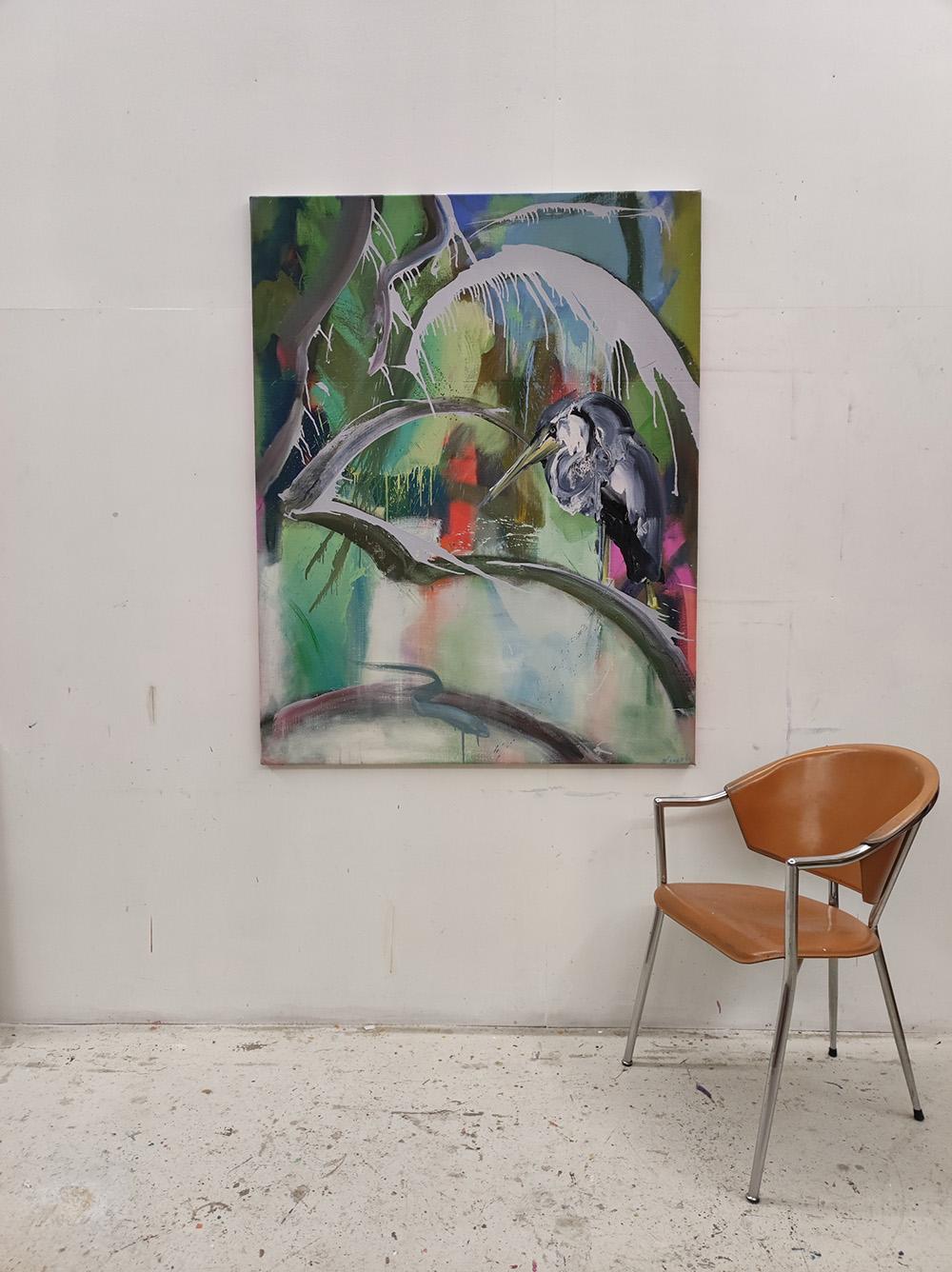 Indulto von Christophe Dupety - Zeitgenössische Malerei, leuchtende Farben, Vogel im Angebot 1