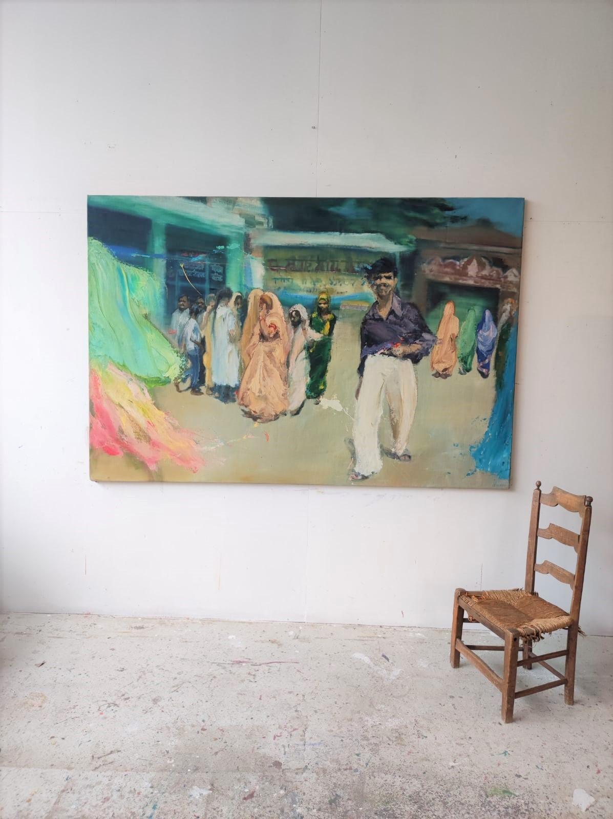 Jaipur by Christophe Dupety - Large Contemporary painting, India, colorful For Sale 1
