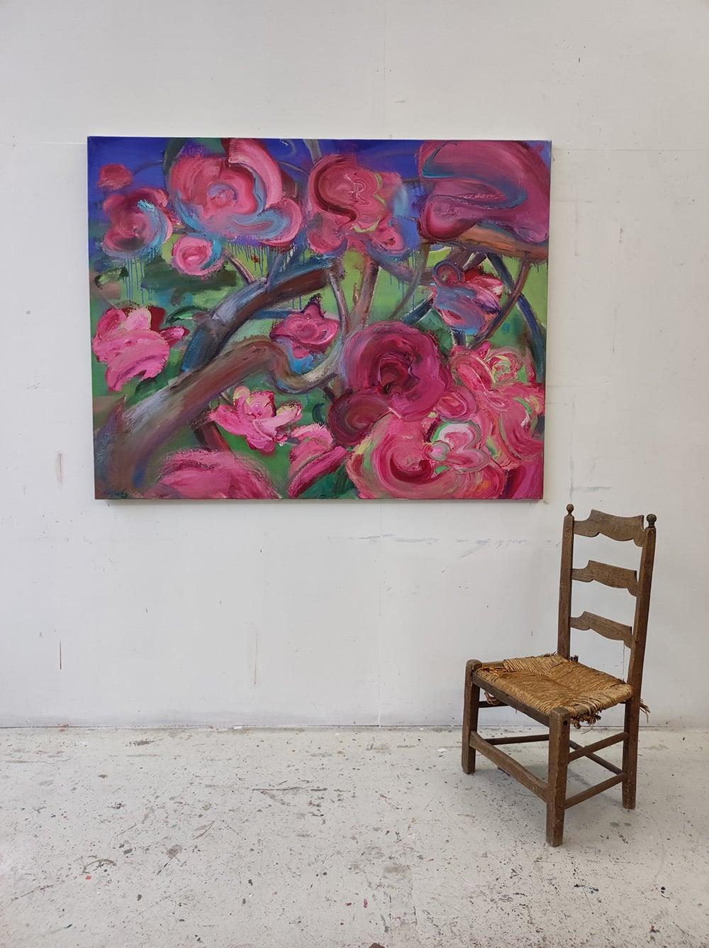 June by Christophe Dupety - Contemporary painting, Flora, Bright colors, Pink For Sale 4
