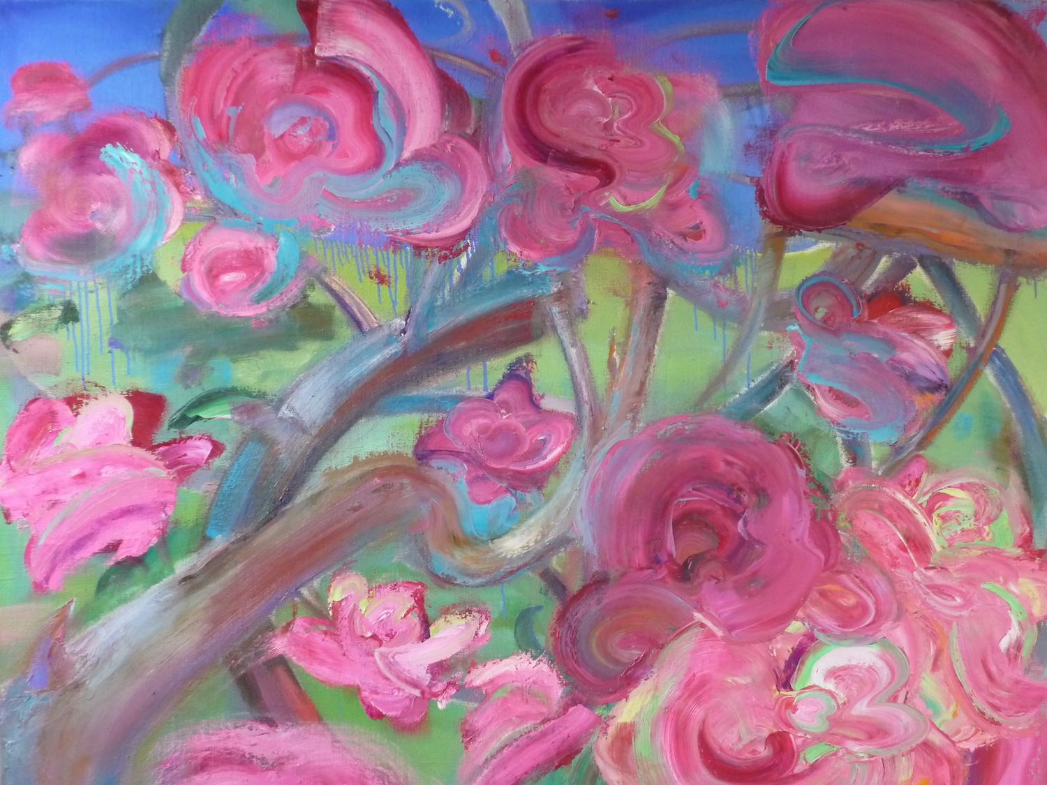 June by Christophe Dupety - Contemporary painting, Flora, Bright colors, Pink