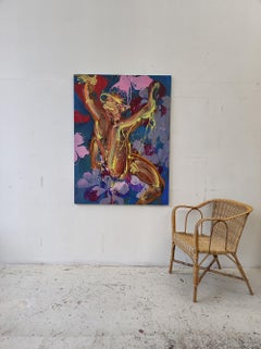 K by Christophe Dupety - Colorful painting, male figure on a floral background