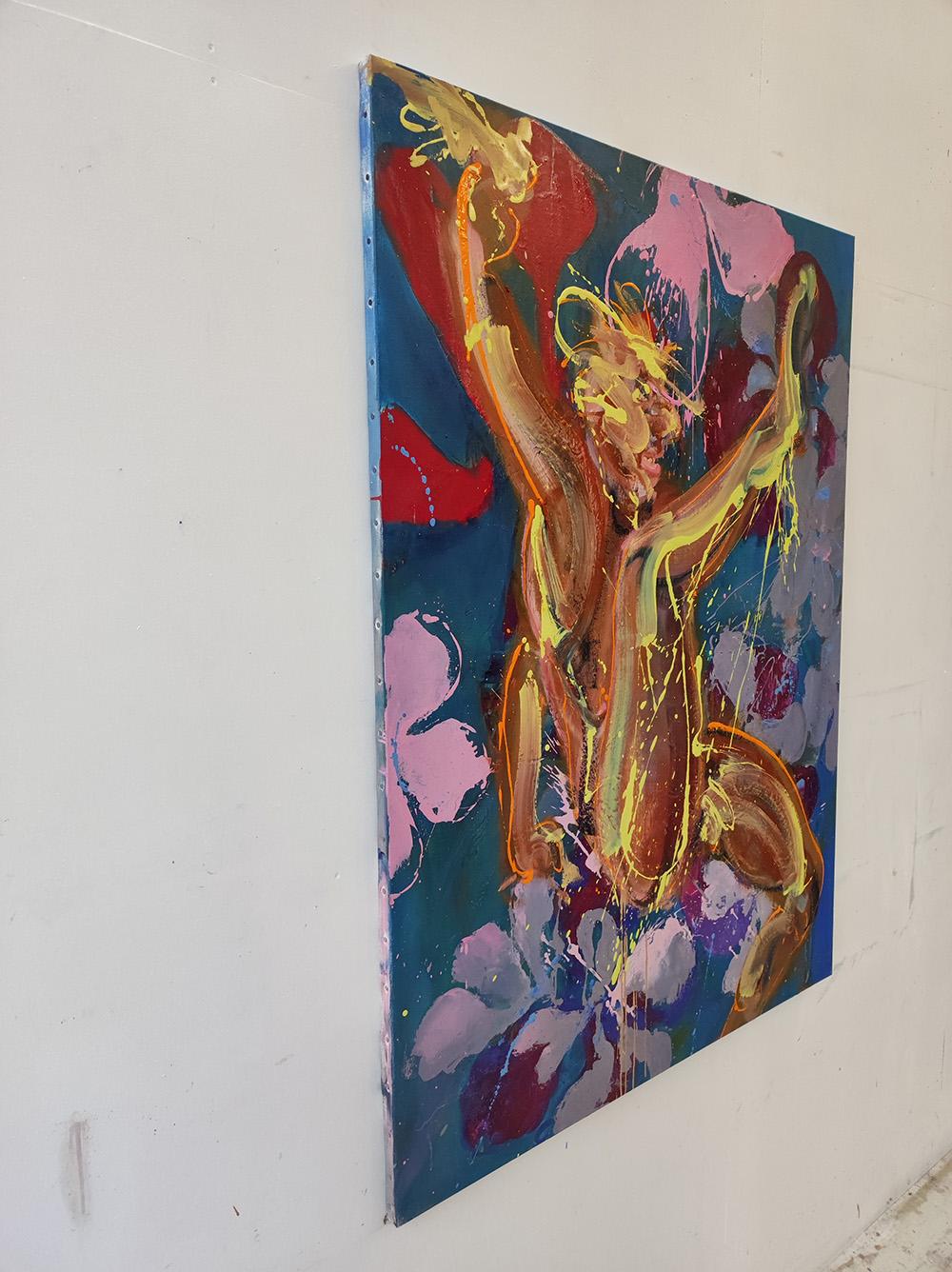 K von Christophe Dupety - Buntes Gemälde, männliche Figur auf floralem Hintergrund im Angebot 2