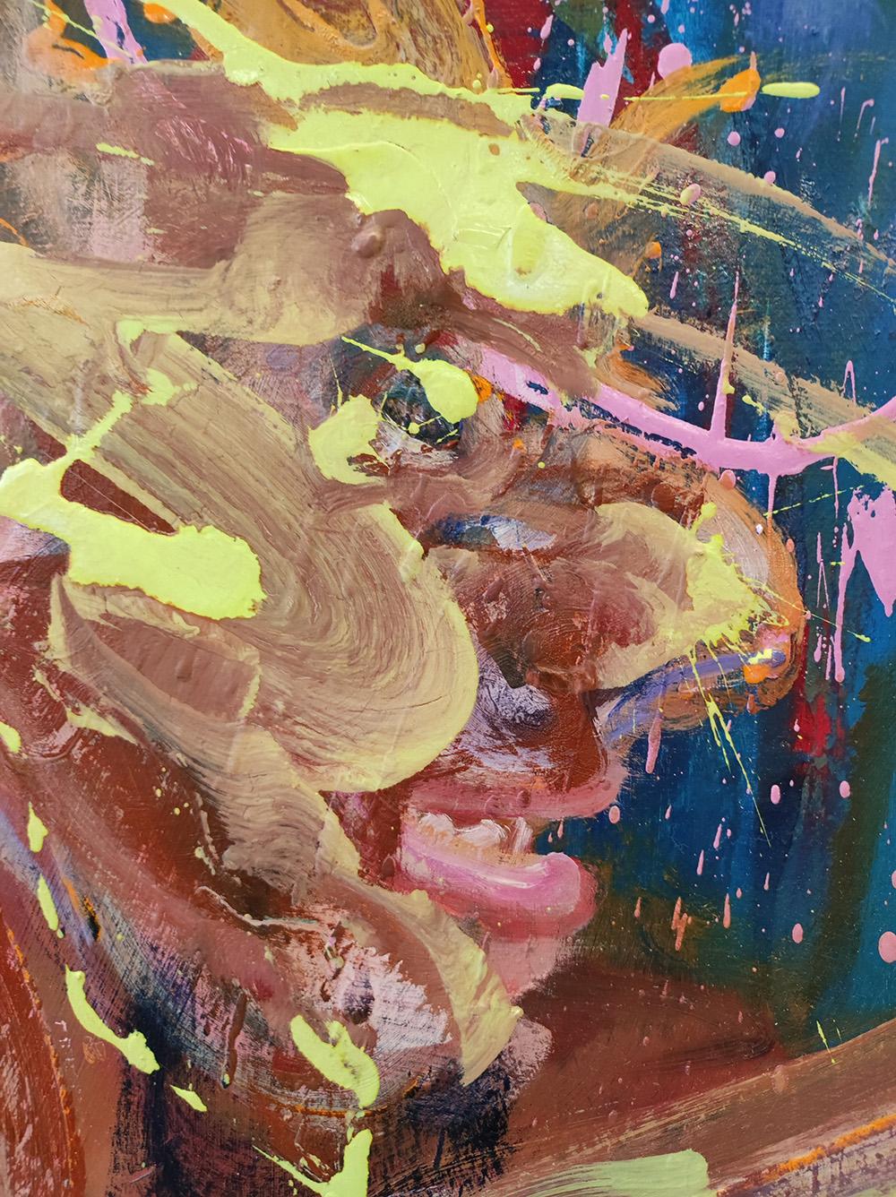 K von Christophe Dupety - Buntes Gemälde, männliche Figur auf blumigem Hintergrund im Angebot 3