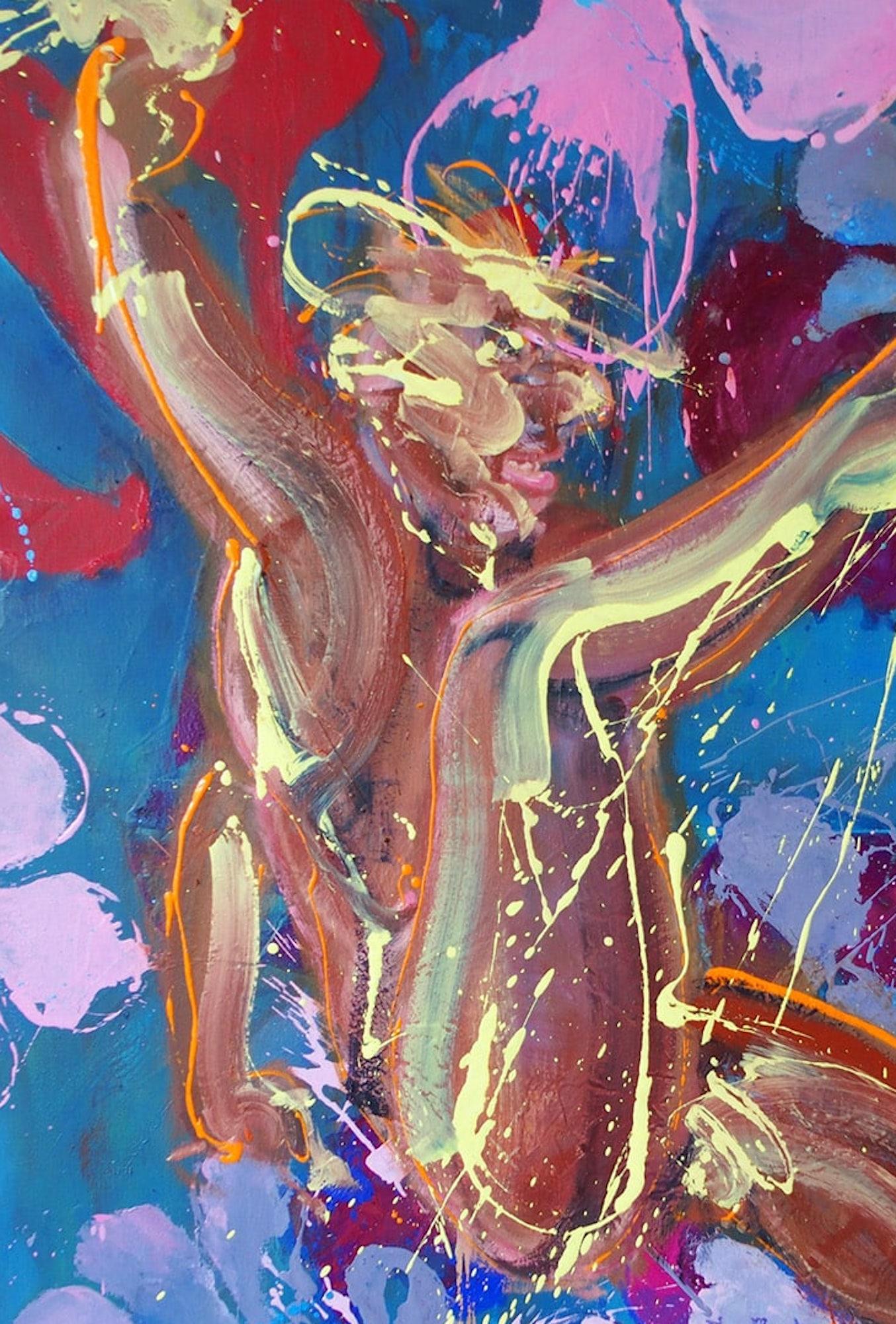 K von Christophe Dupety - Buntes Gemälde, männliche Figur auf blumigem Hintergrund im Angebot 4