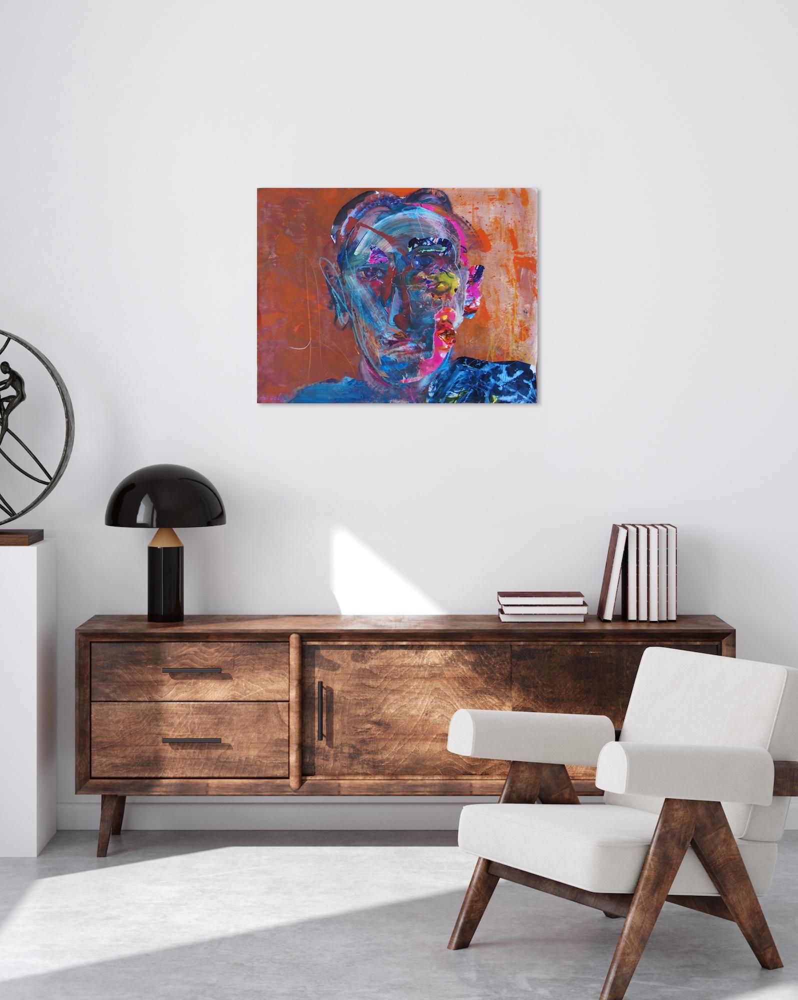 Mecano by Christophe Dupety - Portrait painting, red, blue, figurative, man For Sale 1