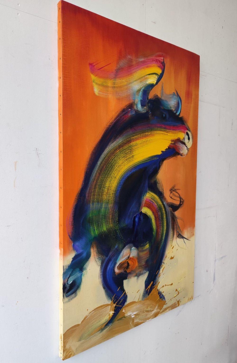 Murcielago de Christophe Dupety - peinture colorée de chasse aux taureaux, contemporaine en vente 2