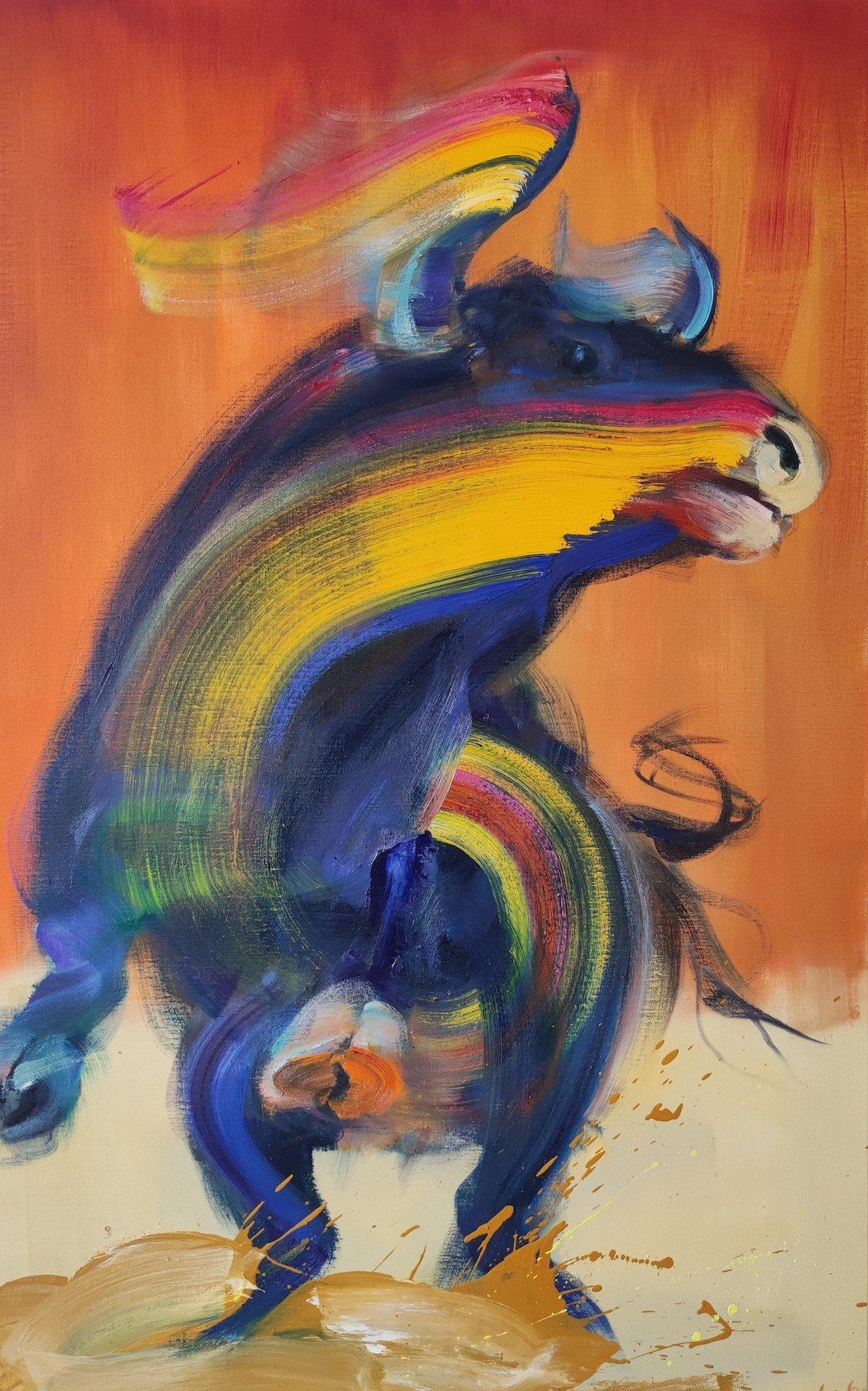 Murcielago (2023) by French contemporary artist Christophe Dupety. Oil on canvas, H 130 x W 81 cm // 51.2 in x 31.9 in.
With this series, the artist is addressing the subject of bullfight. But rather than depicting the confrontation between man and