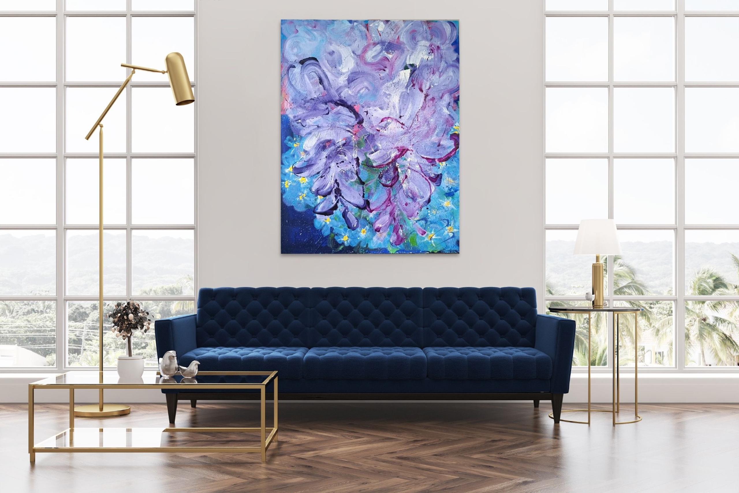 Myosotis by Christophe Dupety - Contemporary painting, flora, colors For Sale 7