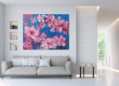 Peach Tree by Christophe Dupety - Contemporary Painting, Flowers, Pink & Blue