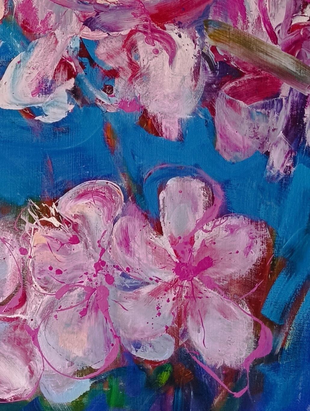 Melocotonero de Christophe Dupety - Cuadro floral, azul, rosa, figurativo, grande en venta 9