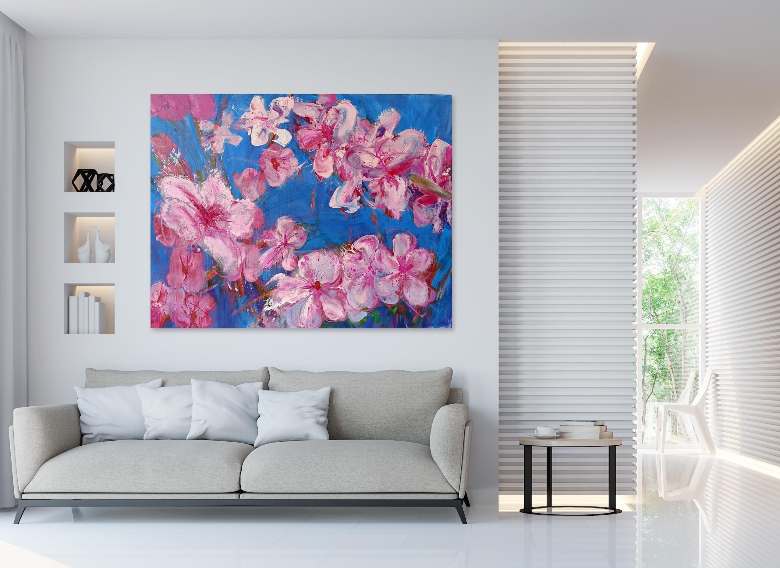 Melocotonero de Christophe Dupety - Cuadro floral, azul, rosa, figurativo, grande en venta 1