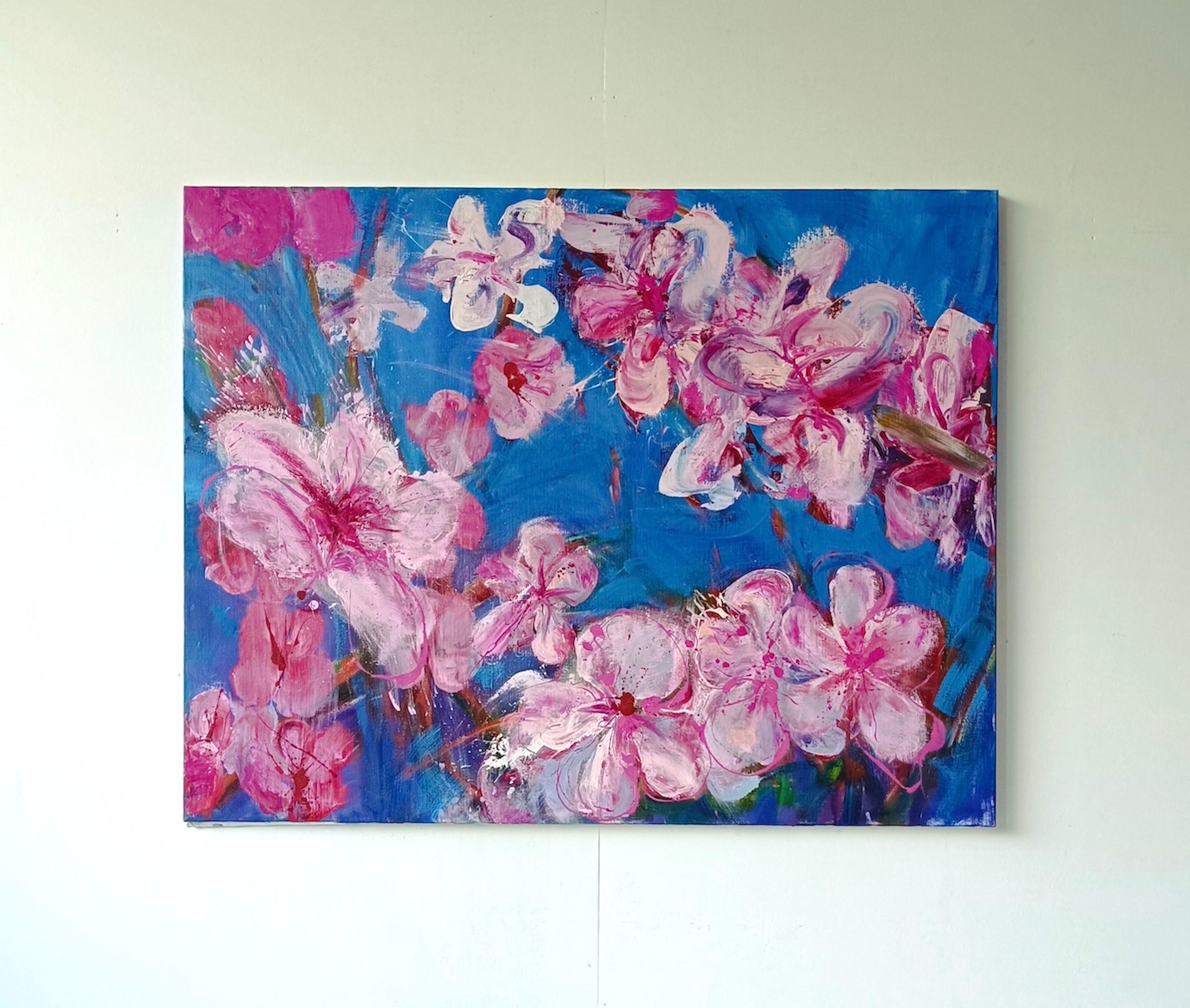 Melocotonero de Christophe Dupety - Cuadro floral, azul, rosa, figurativo, grande en venta 2