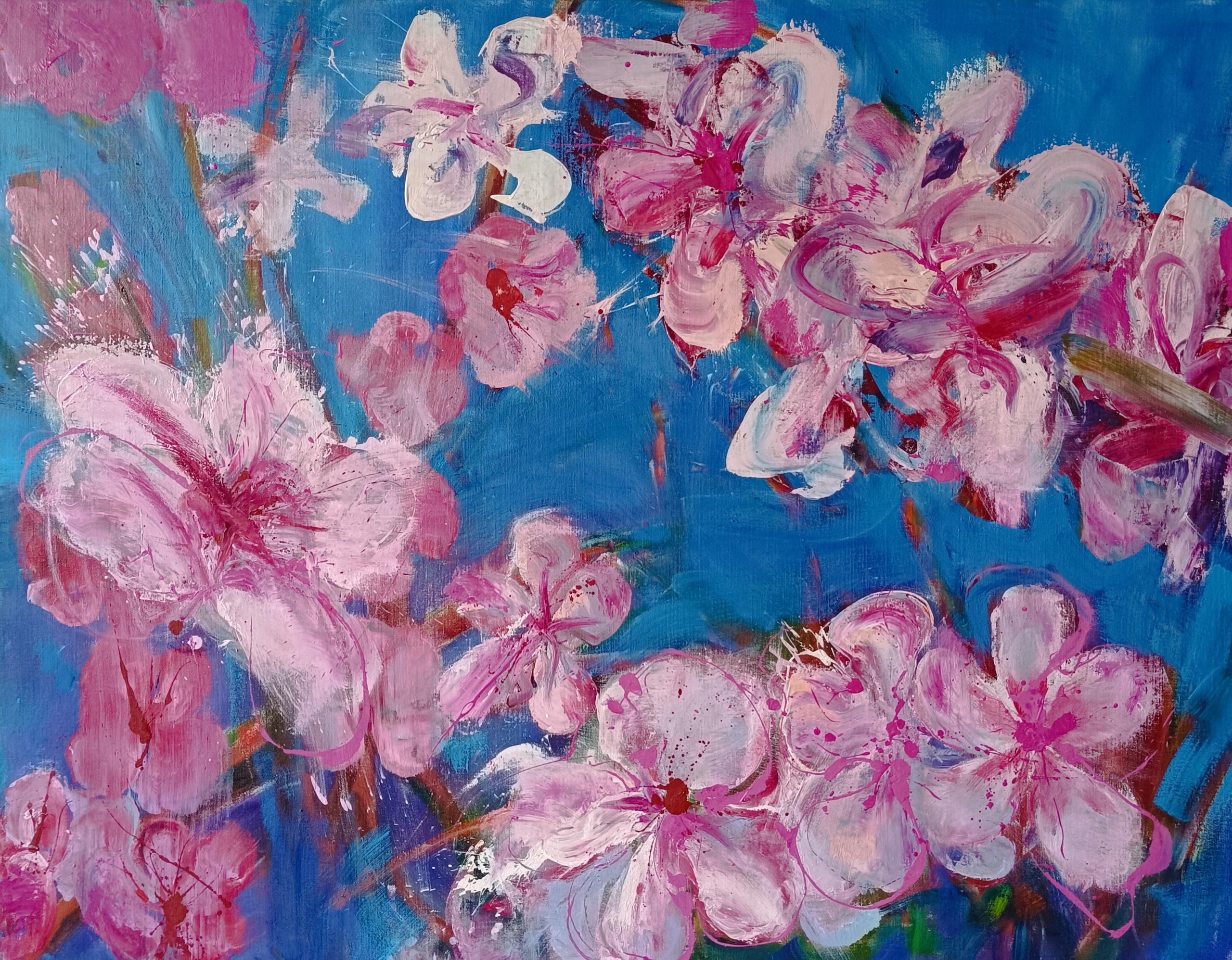 Melocotonero de Christophe Dupety - Cuadro floral, azul, rosa, figurativo, grande en venta 4