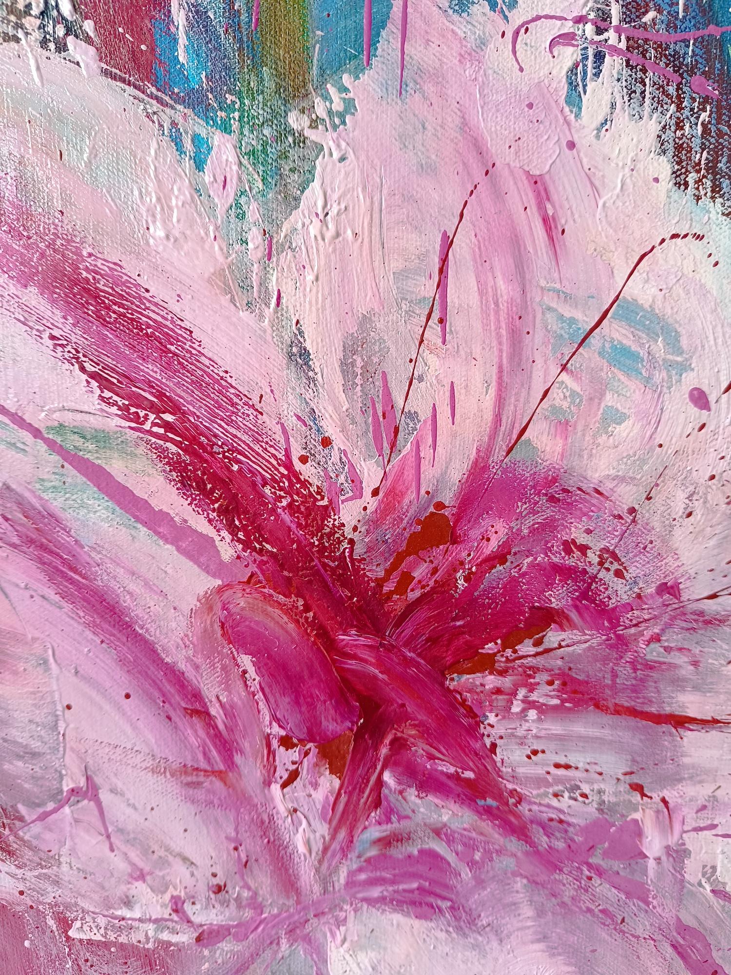 Melocotonero de Christophe Dupety - Cuadro floral, azul, rosa, figurativo, grande en venta 5