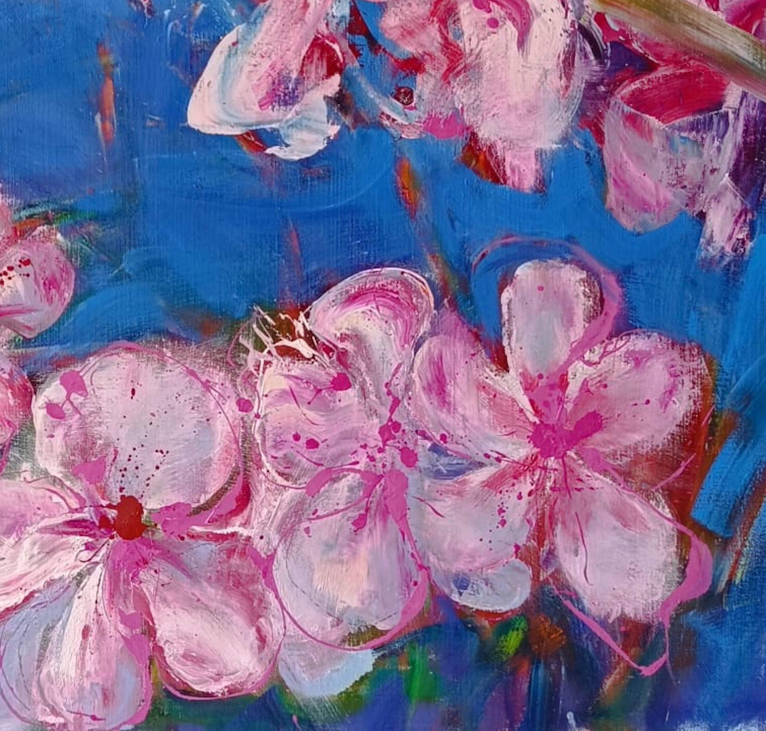 Melocotonero de Christophe Dupety - Cuadro floral, azul, rosa, figurativo, grande en venta 6