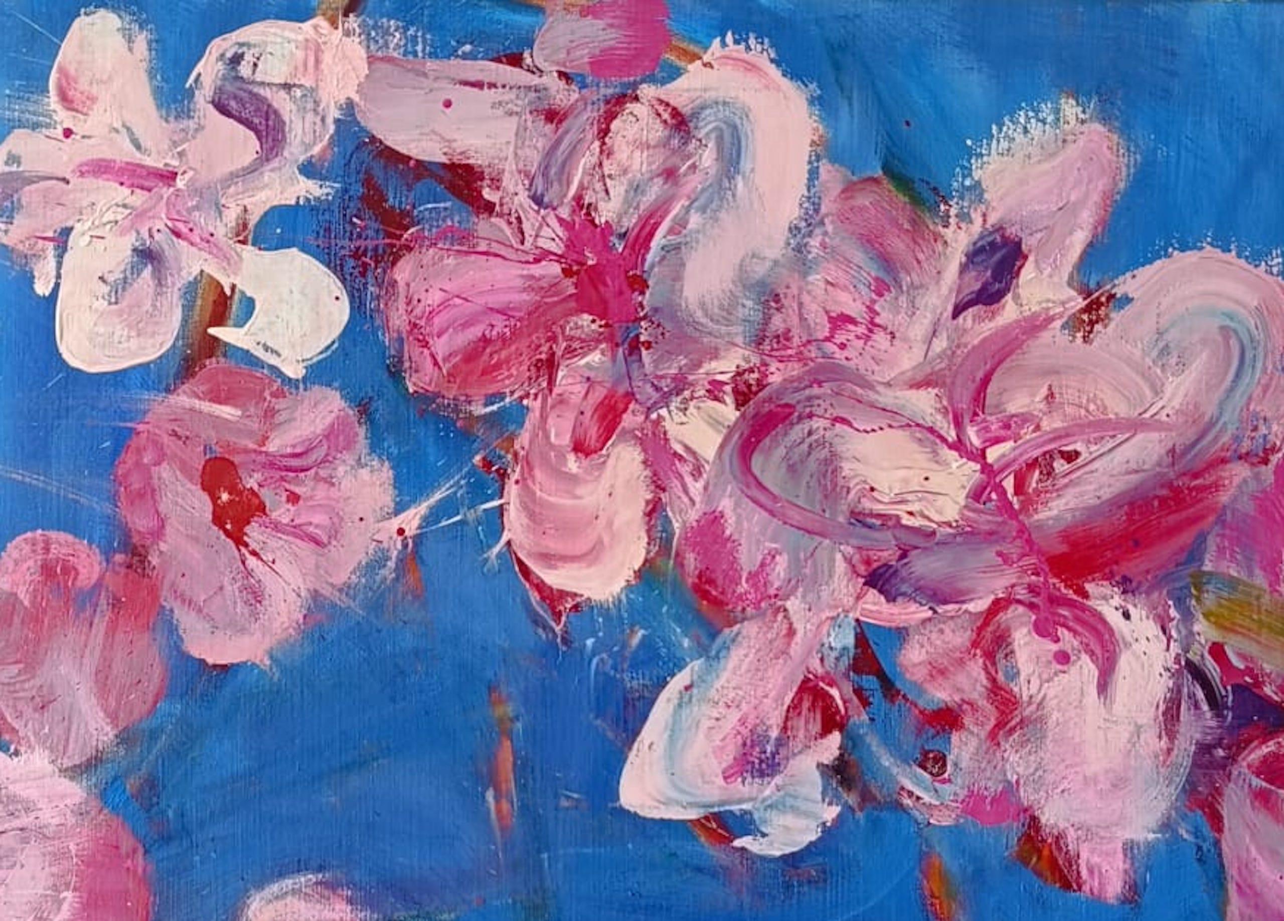 Melocotonero de Christophe Dupety - Cuadro floral, azul, rosa, figurativo, grande en venta 7