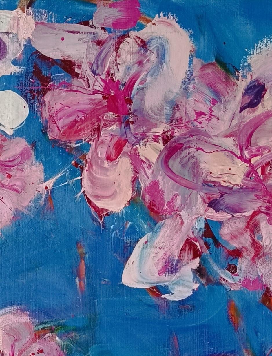 Melocotonero de Christophe Dupety - Cuadro floral, azul, rosa, figurativo, grande en venta 8