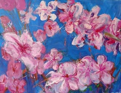Peach Tree by Christophe Dupety - Floral painting, blue, pink, figurative, large