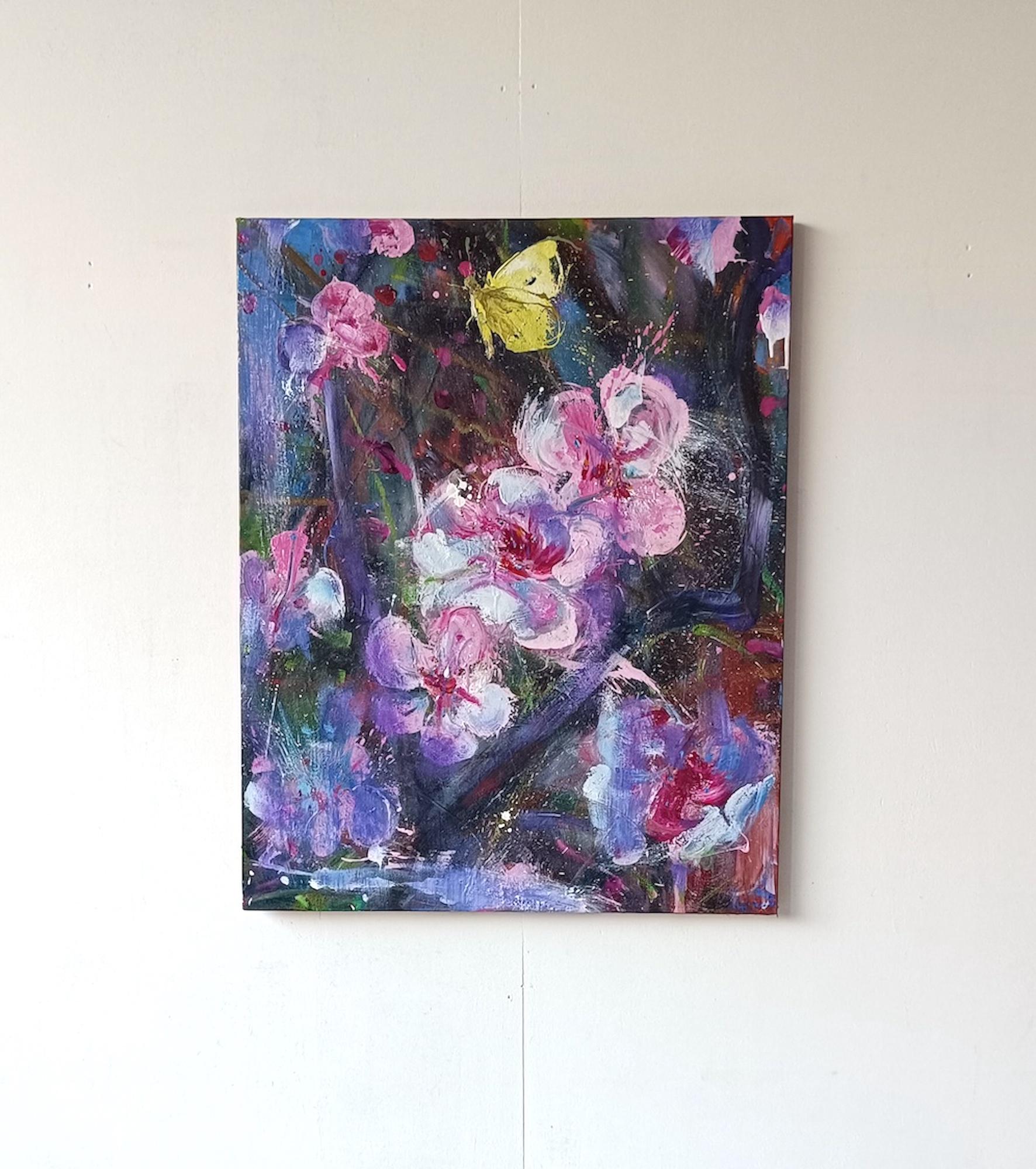 Prunus and Lemon-coloured by Christophe Dupety - Floral painting, yellow, pink For Sale 1
