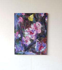 Prunus and Lemon-coloured by Christophe Dupety - Floral painting, yellow, pink