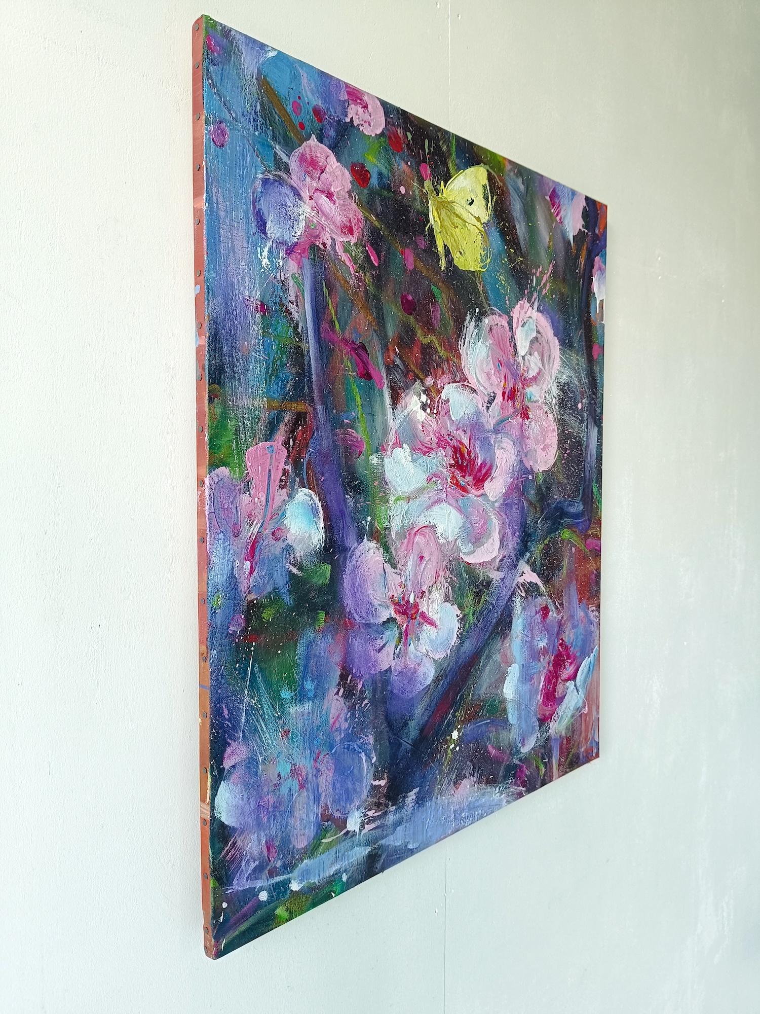 Prunus and Lemon-coloured by Christophe Dupety - Floral painting, yellow, pink For Sale 2